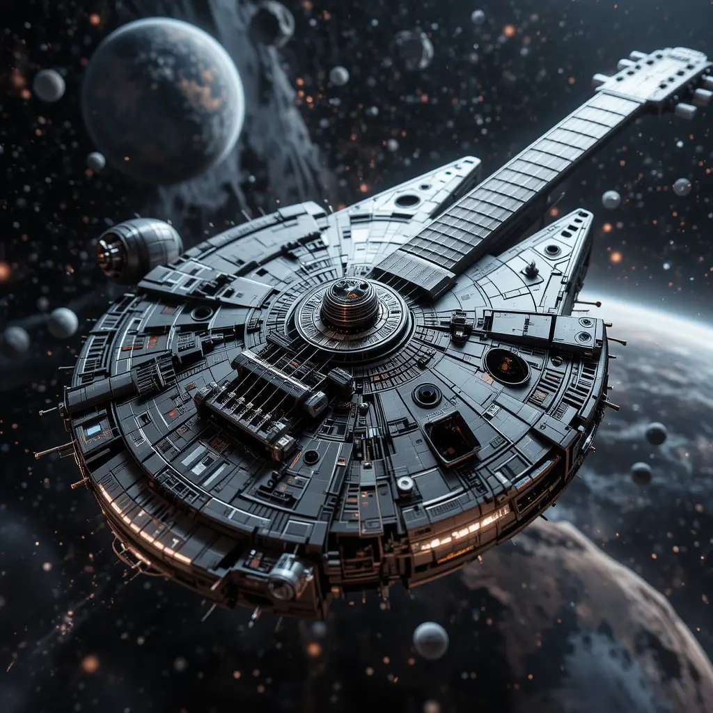 Extreme close up of a guitar floating in outer space