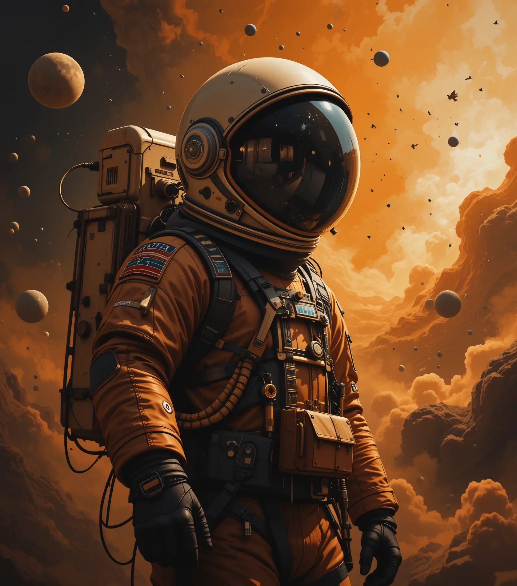 Whimsical astronaut floating alone in dark outer space