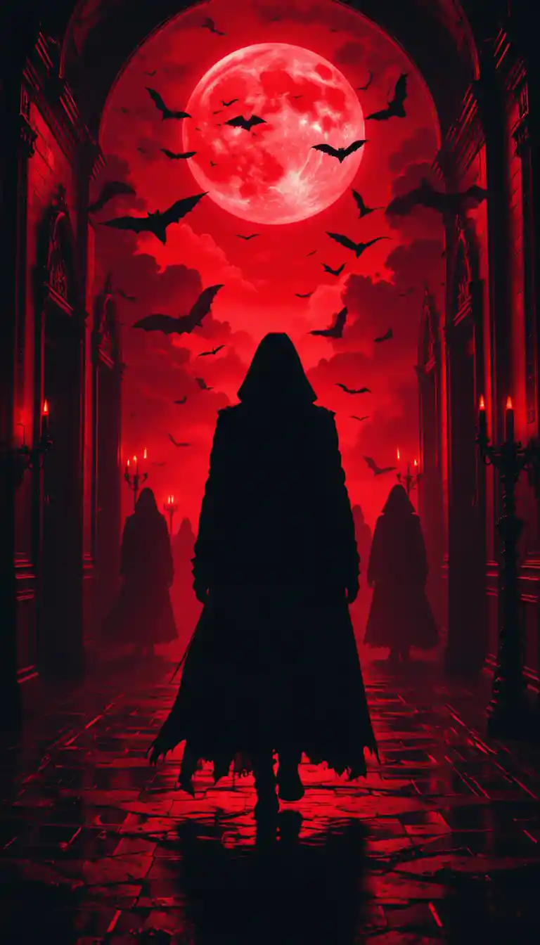 Lone cloaked figure in a blood red gothic hallway