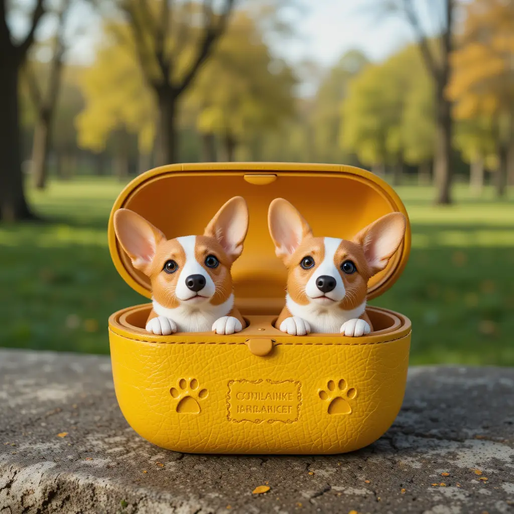 Corgi inspired earbuds in yellow case in a park