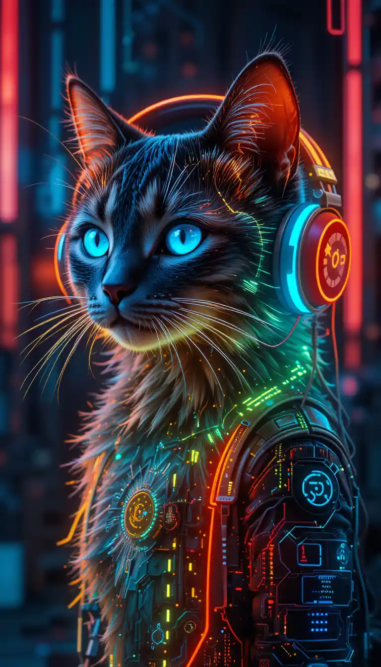 Cyberpunk cat with headphones in neon urban glow