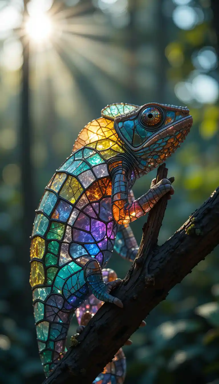 Close up chameleon with glass like body in forest light