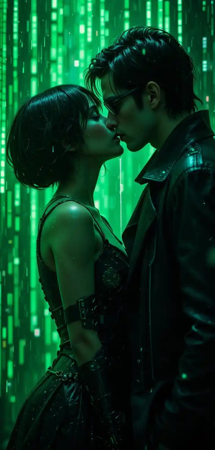Bacio romantico tra guerrieri futuristici in una città cyberpunk
