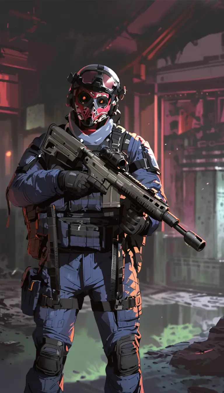 Soldier in gas mask with rifle in ruined city