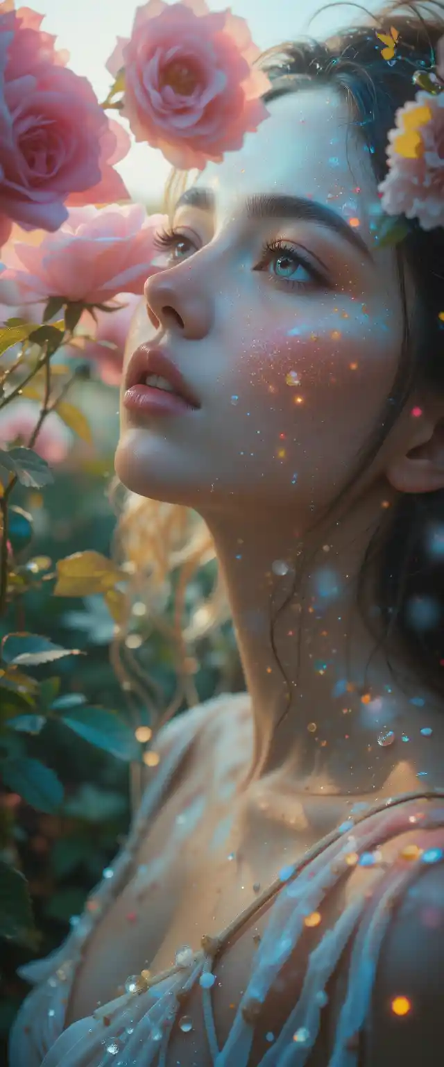 Young woman awakening in a dawn lit rose garden