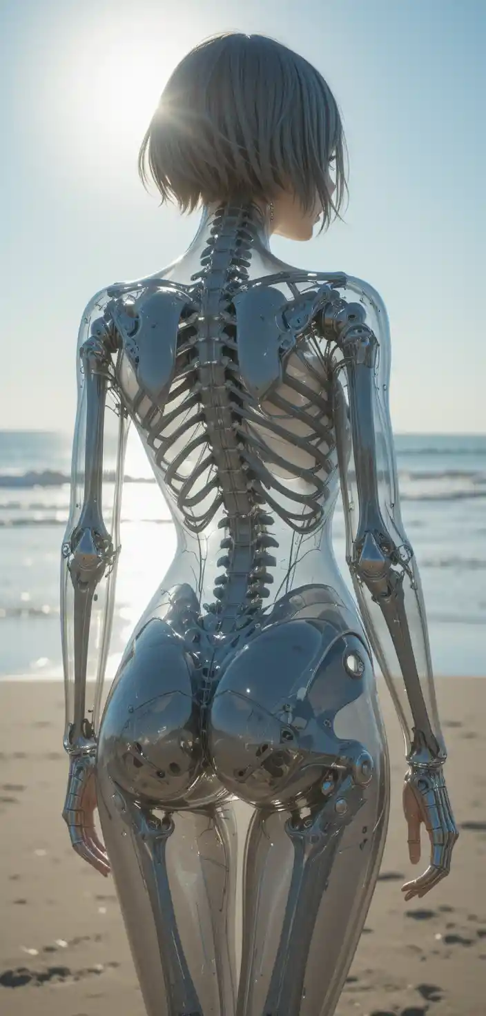 Cyborg woman with transparent body standing on sunny beach