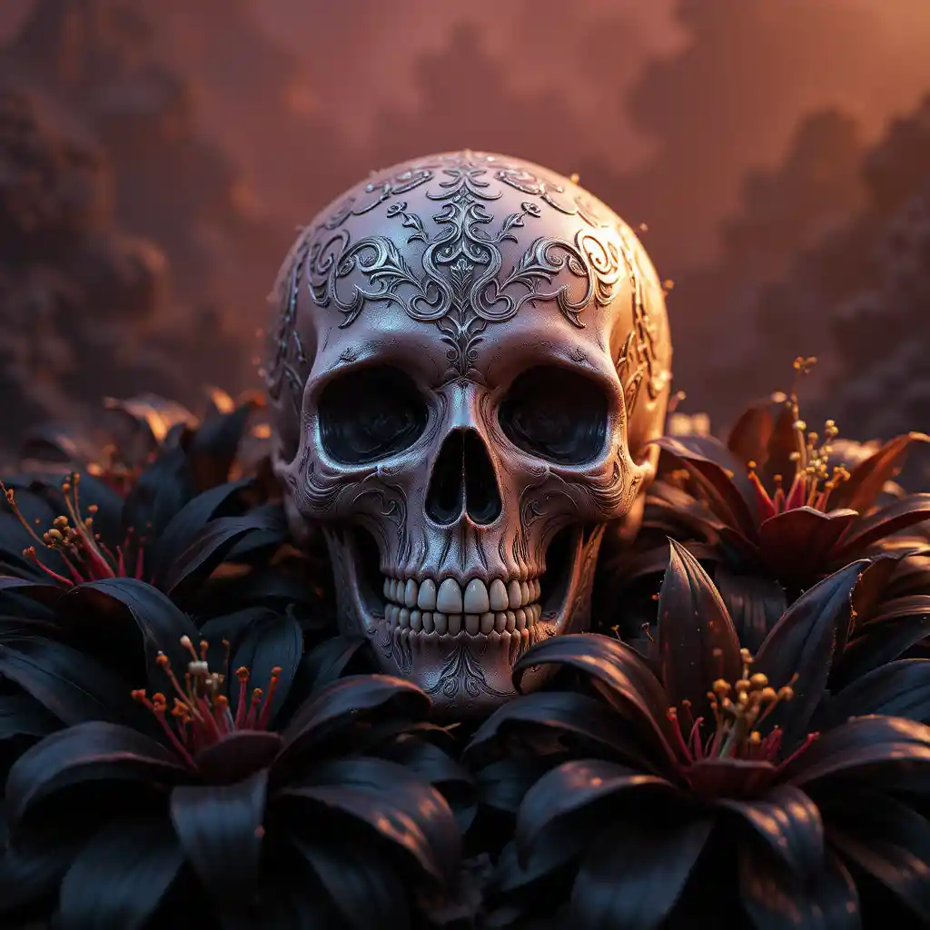 Ornate Dust Rose Skull With Black Lilies In Warm Light