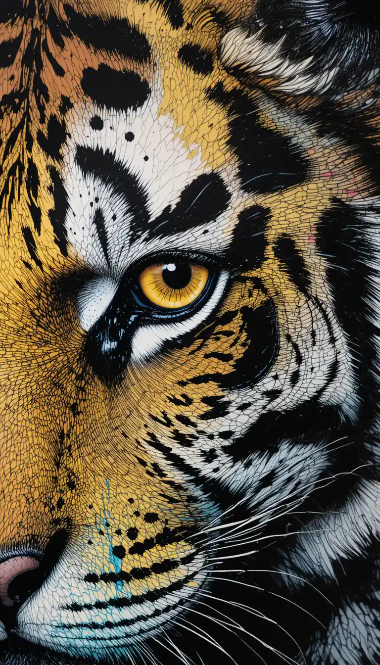 Surreal black ink illusion art with tiger eye focus
