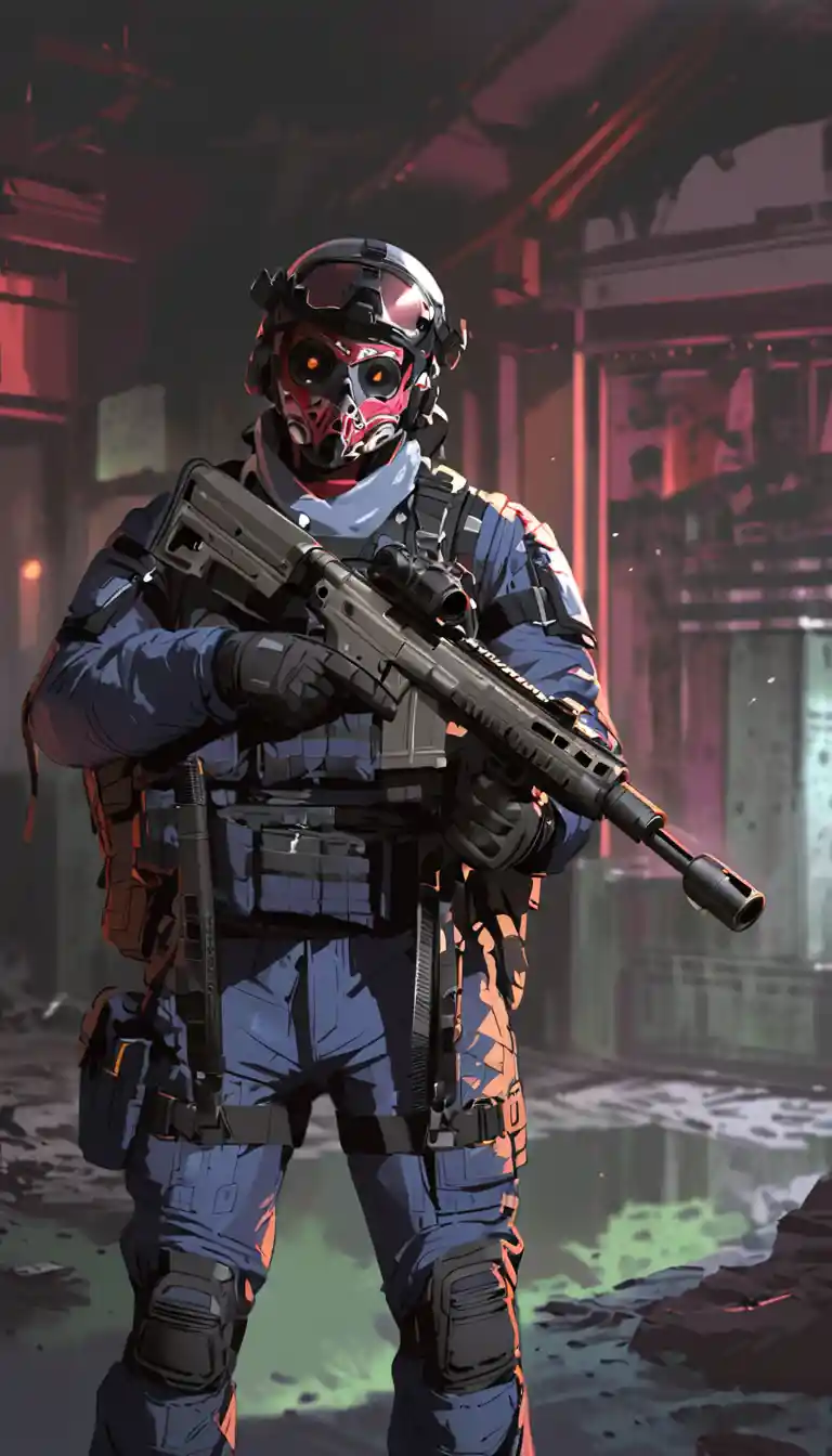 Soldier in gas mask with rifle in ruined city