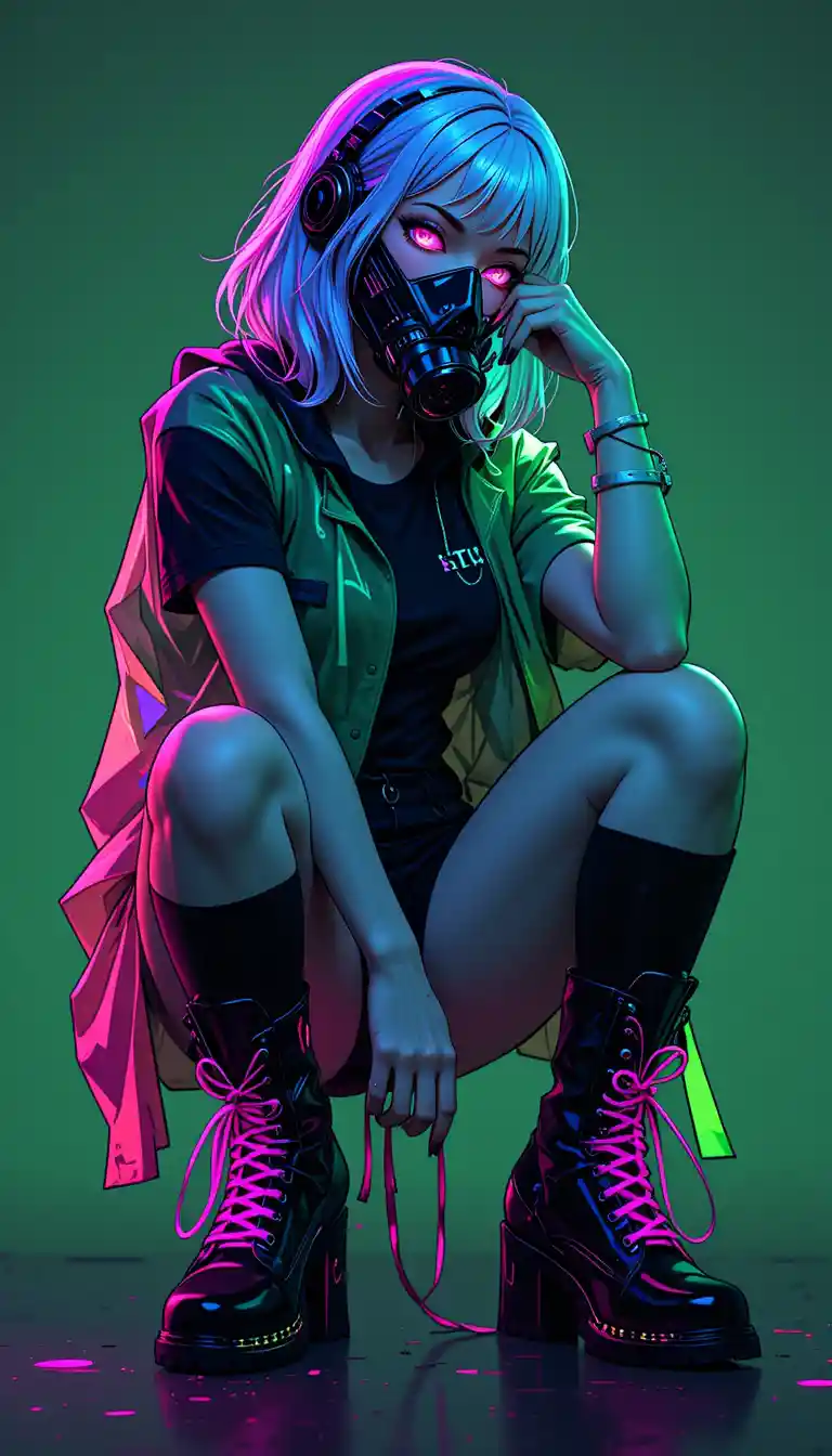 Cyberpunk anime girl crouching on neon green background