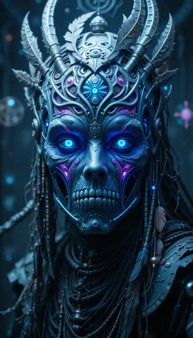 Cyber shaman portrait with tribal techno ceremonial mask