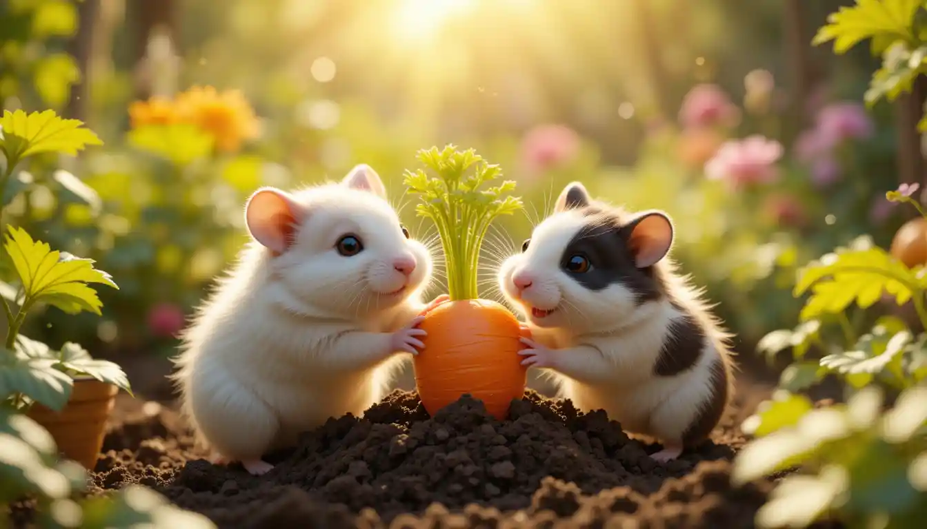 Two hamsters pulling a giant carrot in sunny garden
