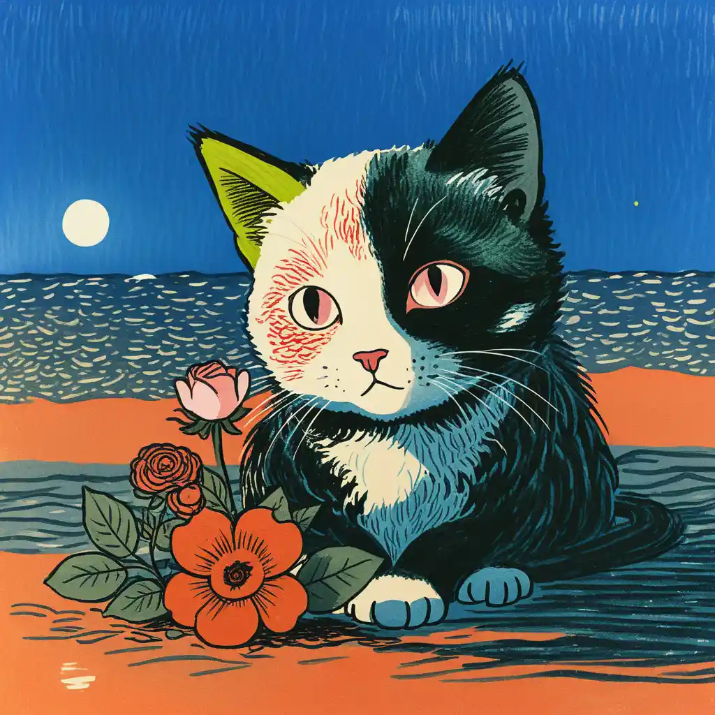 Chibi cat relaxing on a quiet sandy beach