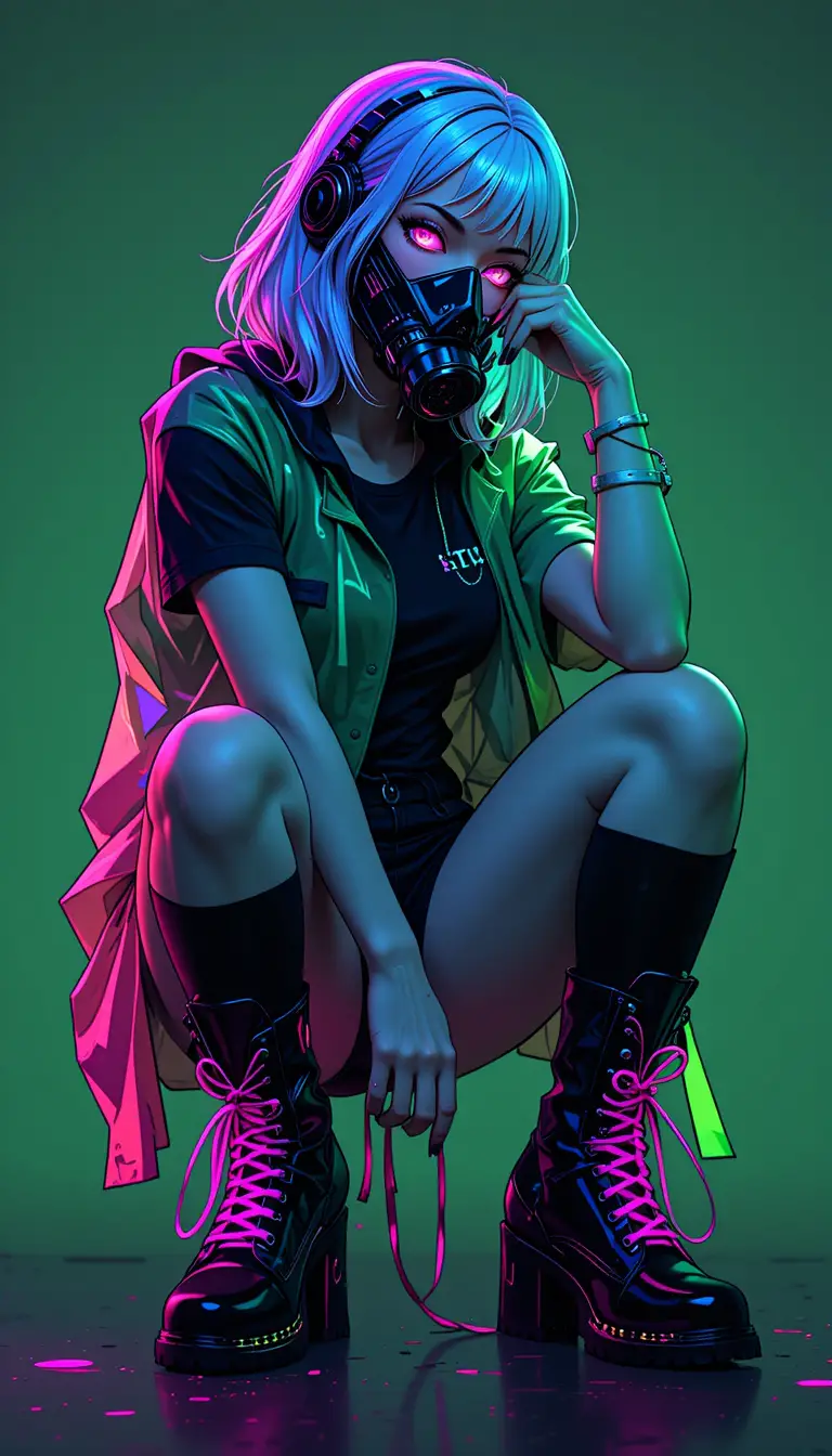 Cyberpunk anime girl crouching on neon green background