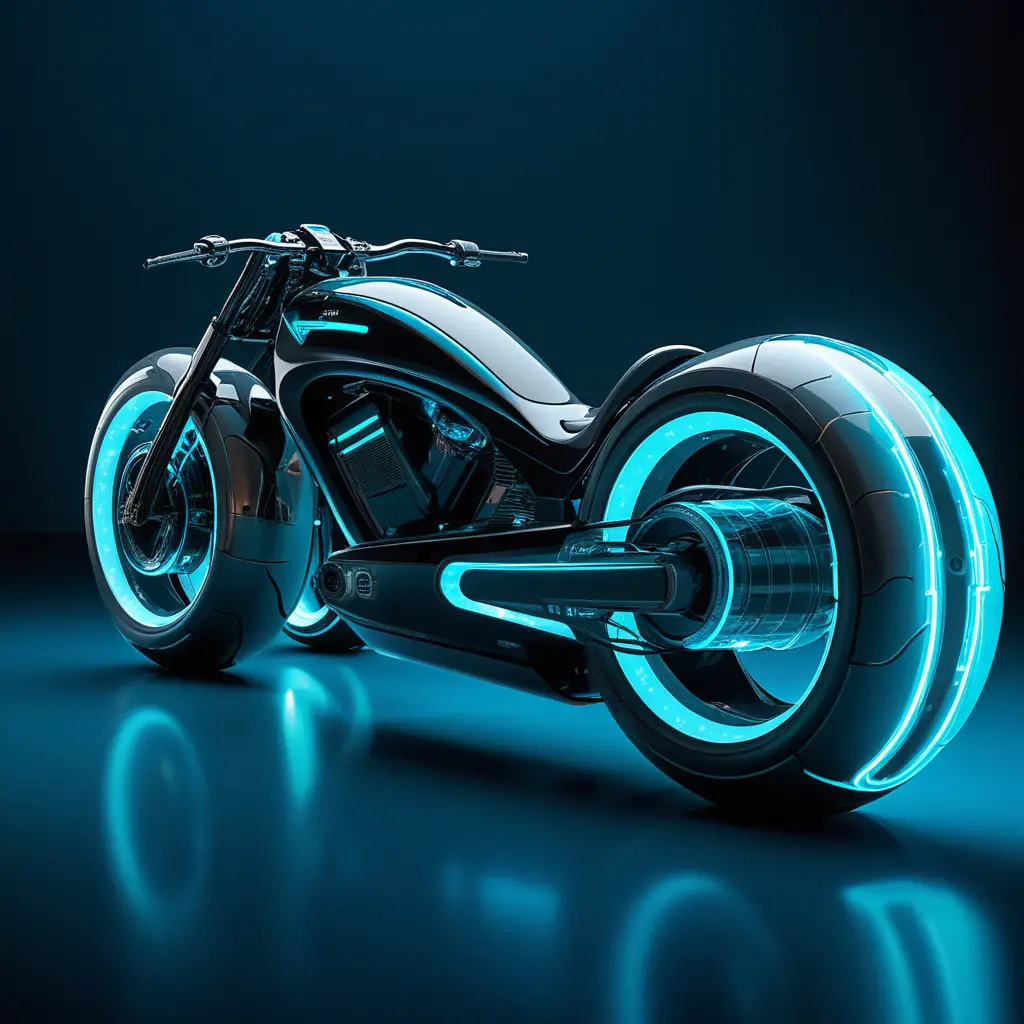Futuristic Neon Motorcycle With Holographic Teal Light Trails