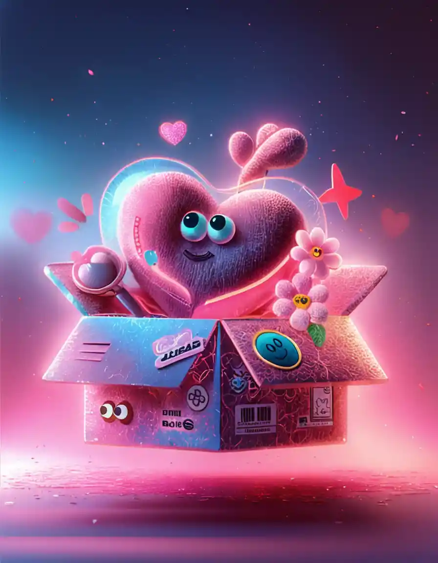 Cardboard box with giant translucent heart and cute eyes