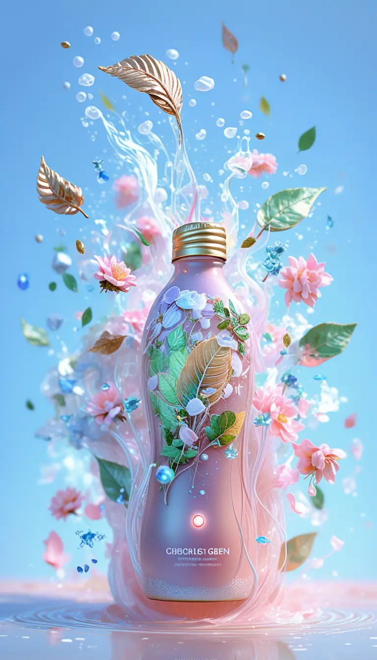 Green tea bottle flying with splashing liquid and leaves