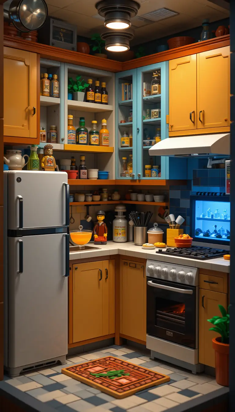 Colorful lego kitchen interior in realistic toy style