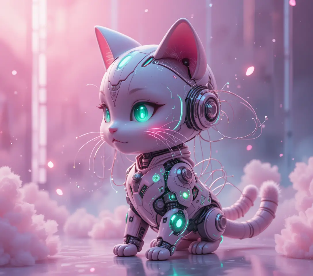Cute cyberpunk chibi cat with glowing cybernetic details