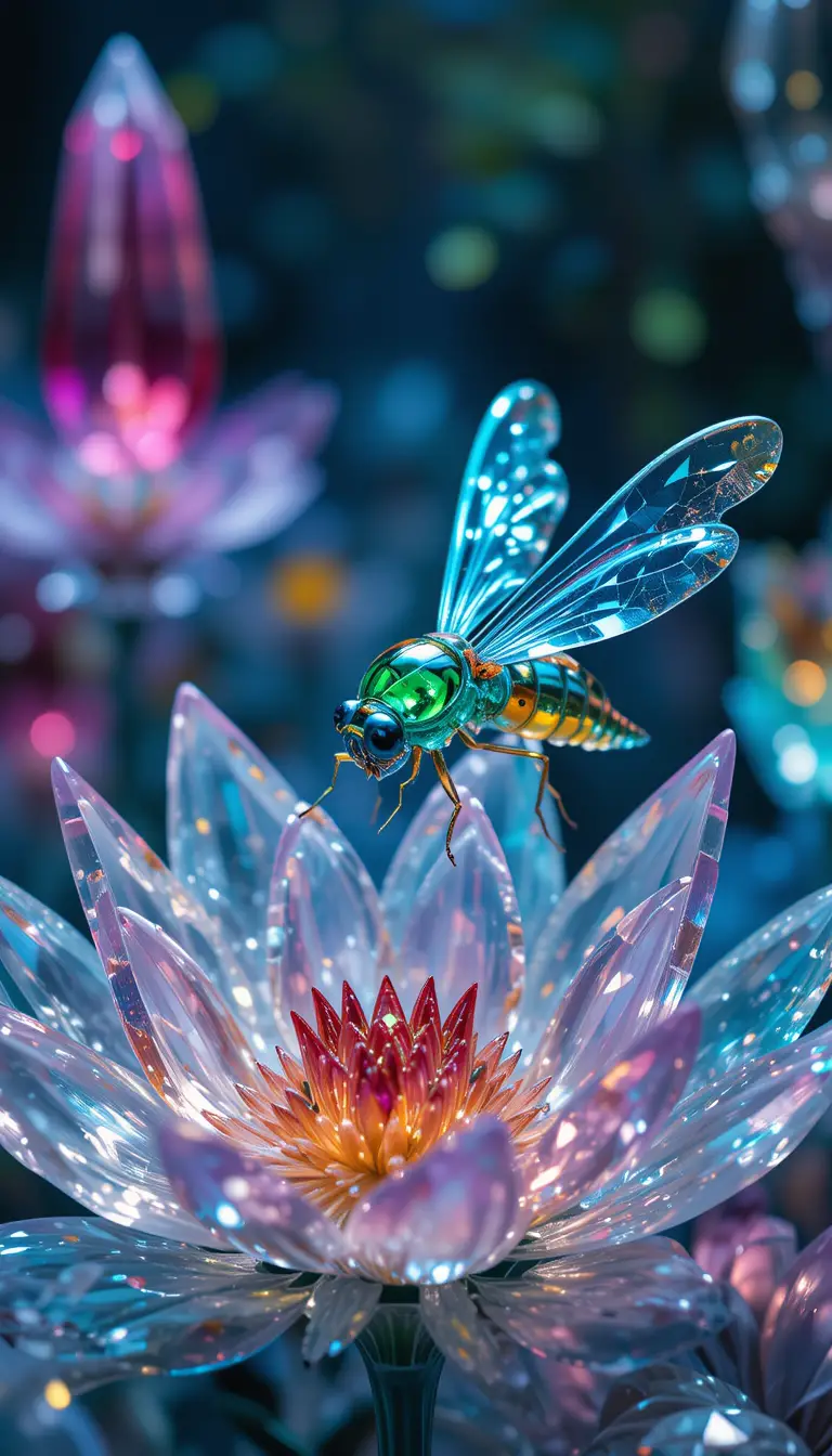 Macro view of glass insects in a surreal crystal garden