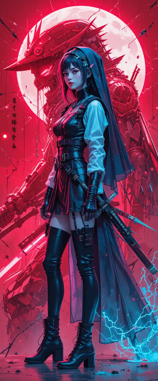 Neon goth anime woman with cyberpunk biomechanical armor