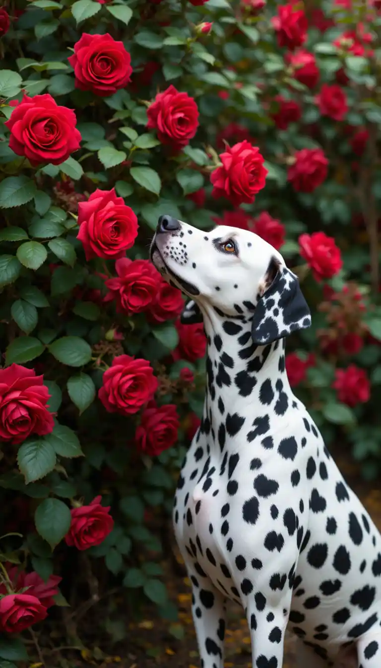 Dalmatian smelling red roses in a peaceful garden