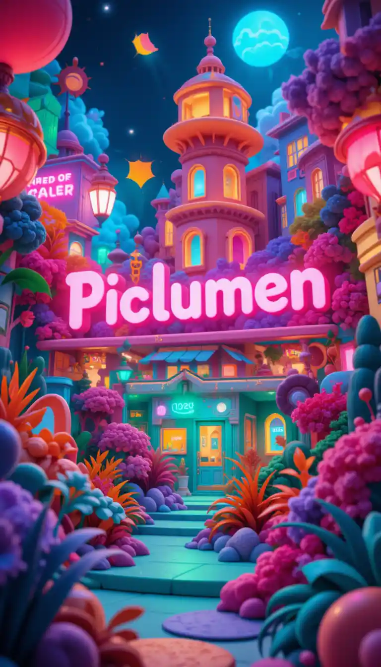 輝くPicLumenサインが映える鮮やかな3Dシティスケープ