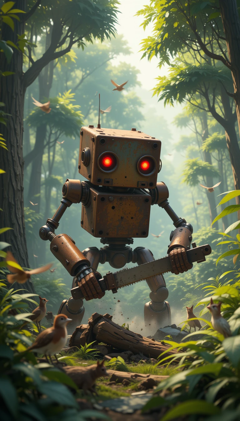 Rostiger Dschungelroboter, der im morgendlichen Chaos Bäume fällt