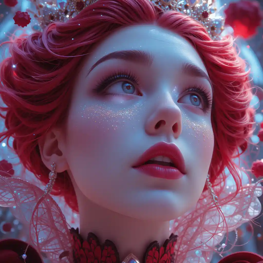 Melancholic anime queen eye close up in fantasy glow