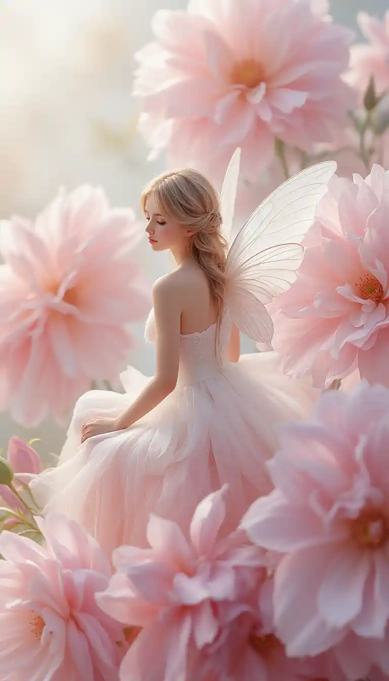 Elegant white fairy in soft pink watercolor blooms