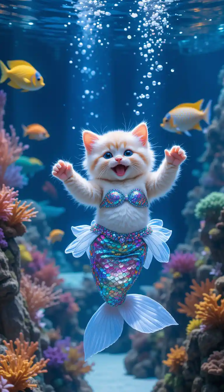 Cute mermaid cat swimming in a bright aquarium show