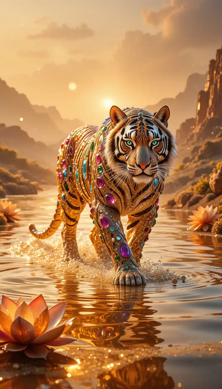 Gemstone Tiger Walking Across A Golden River