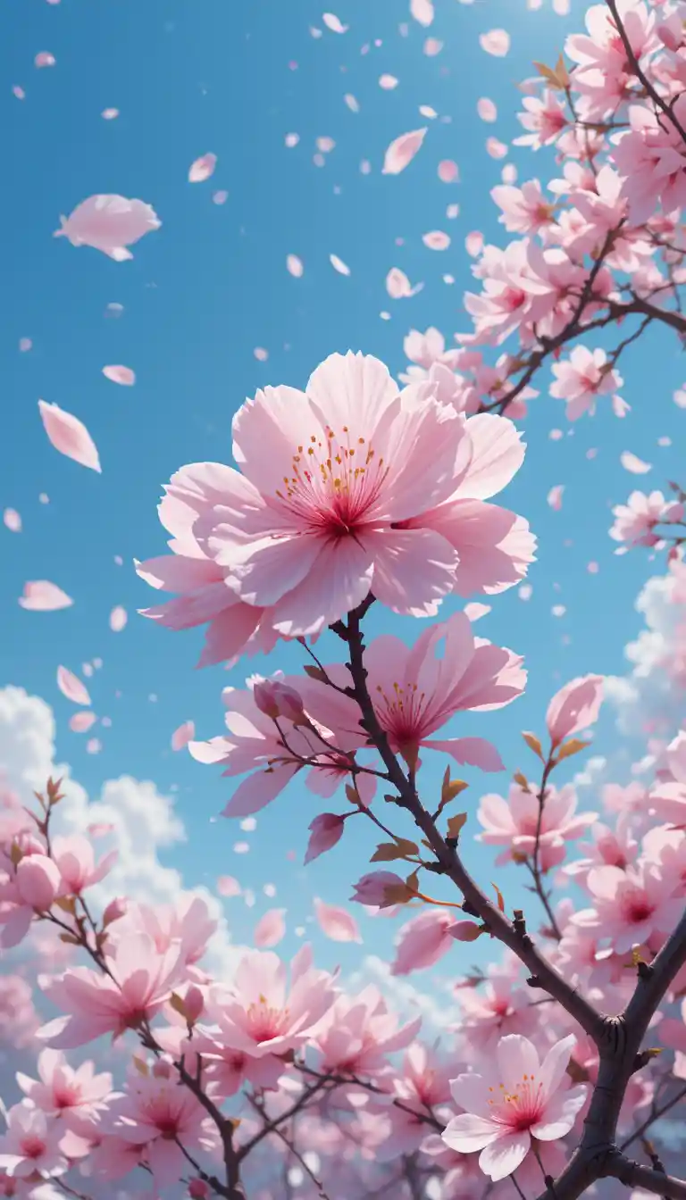 Manga sakura tree in full bloom with petals in the wind
