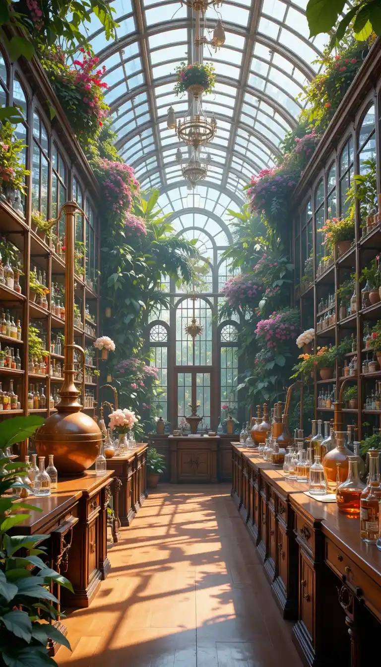 Luxurious perfume laboratory filled with glass plants and vials