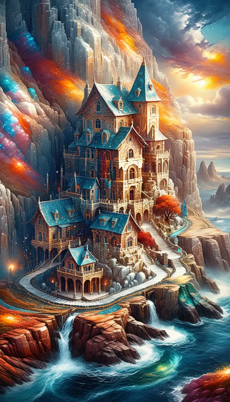 Isometric fantasy rock mansion village with winding teal roads