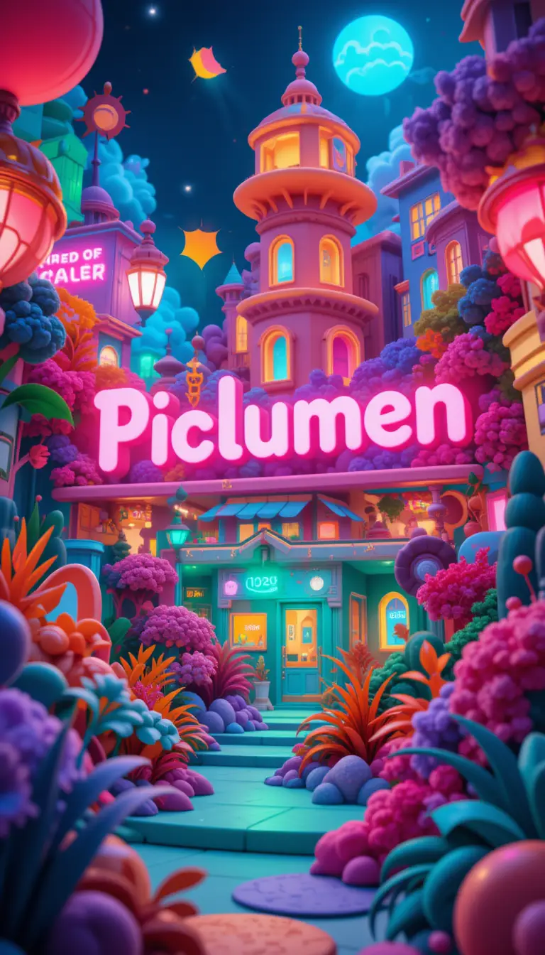 Vibrant 3D cityscape with glowing Piclumen sign