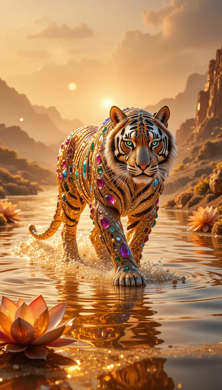 Gemstone Tiger Walking Across A Golden River