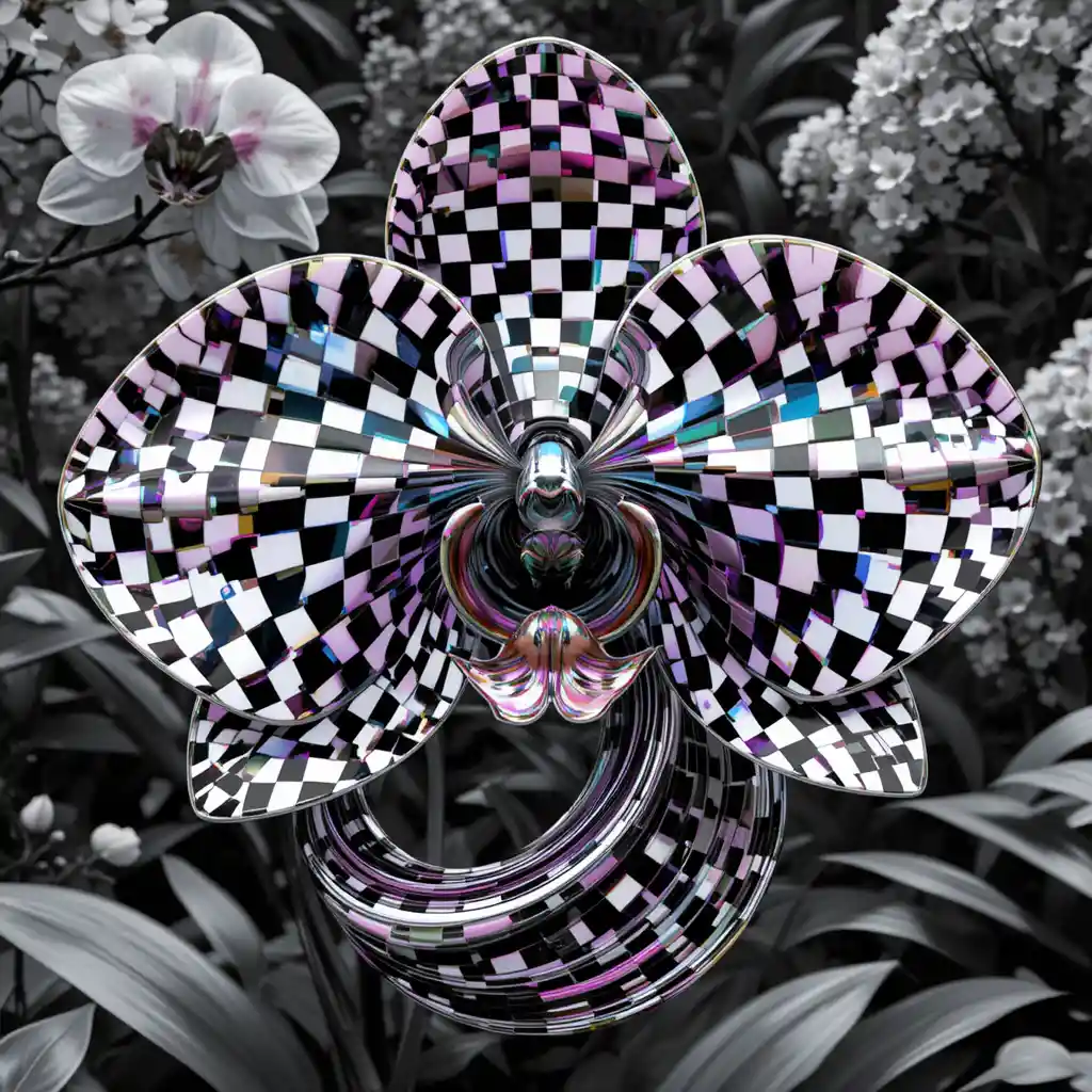 Surreal chrome orchid sculpture with fractal checkered patterns