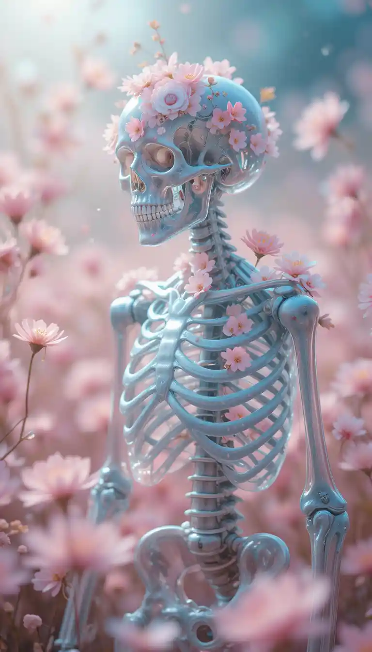 Squelette translucide avec des fleurs roses dans un champ de rêve