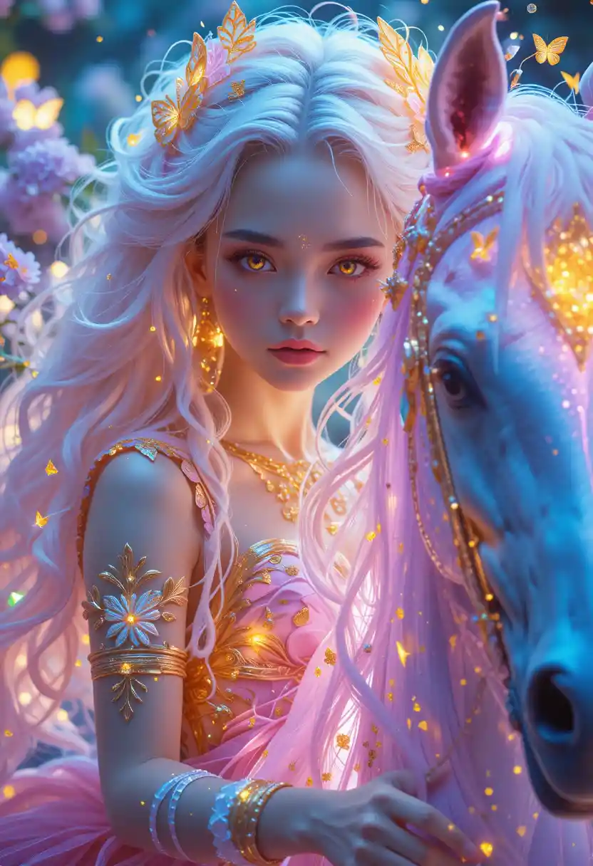 Neon cyberpunk woman with gold jewelry portrait
