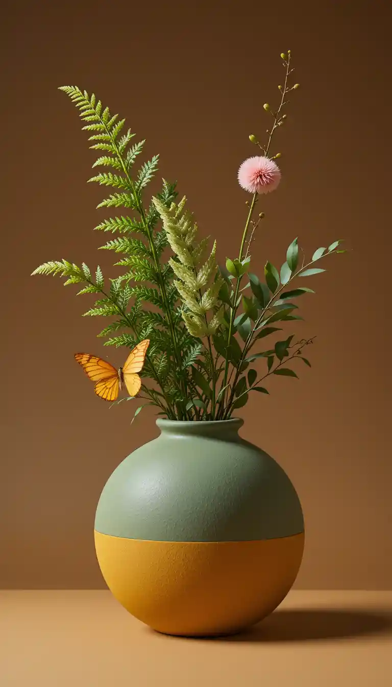Modern still life with vase fern and butterfly
