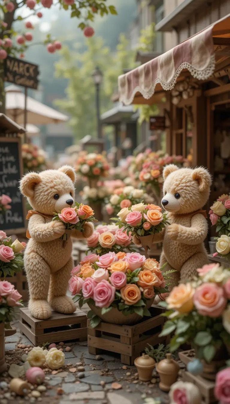 Tiny teddy bears arranging roses in a vintage flower market