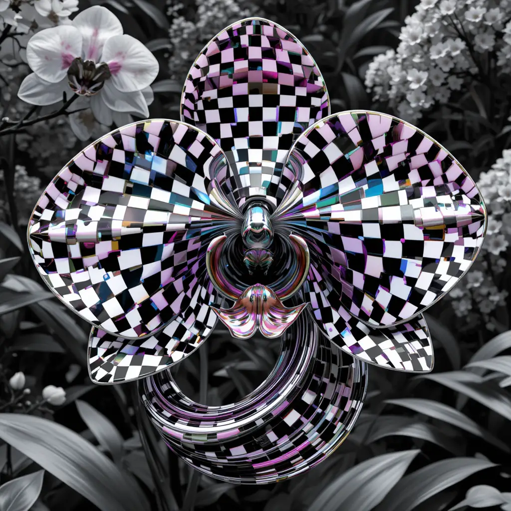 Surreal chrome orchid sculpture with fractal checkered patterns