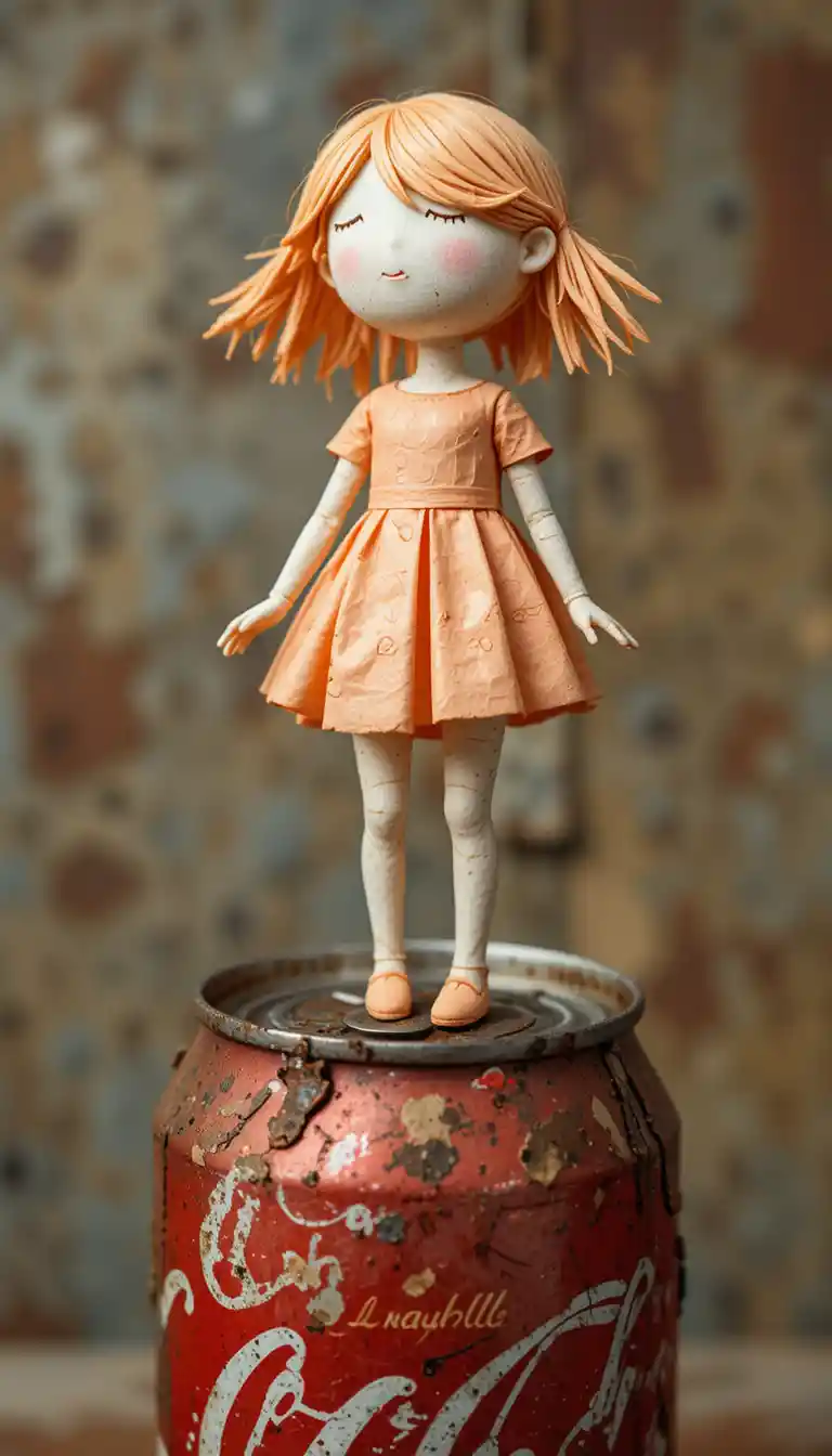 Paper childlike figurine balancing on a vintage soda can