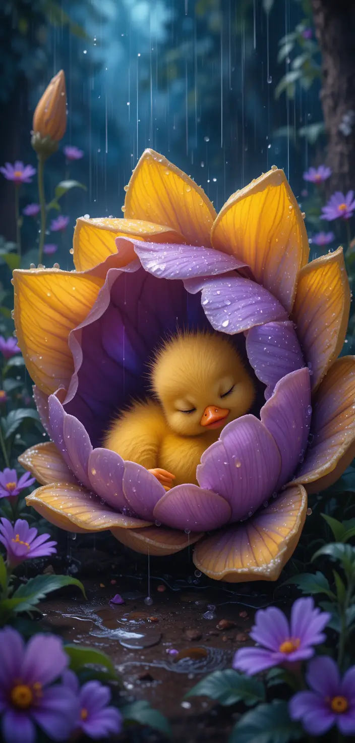 たそがれ時、紫の花で眠るかわいいアヒルの赤ちゃん