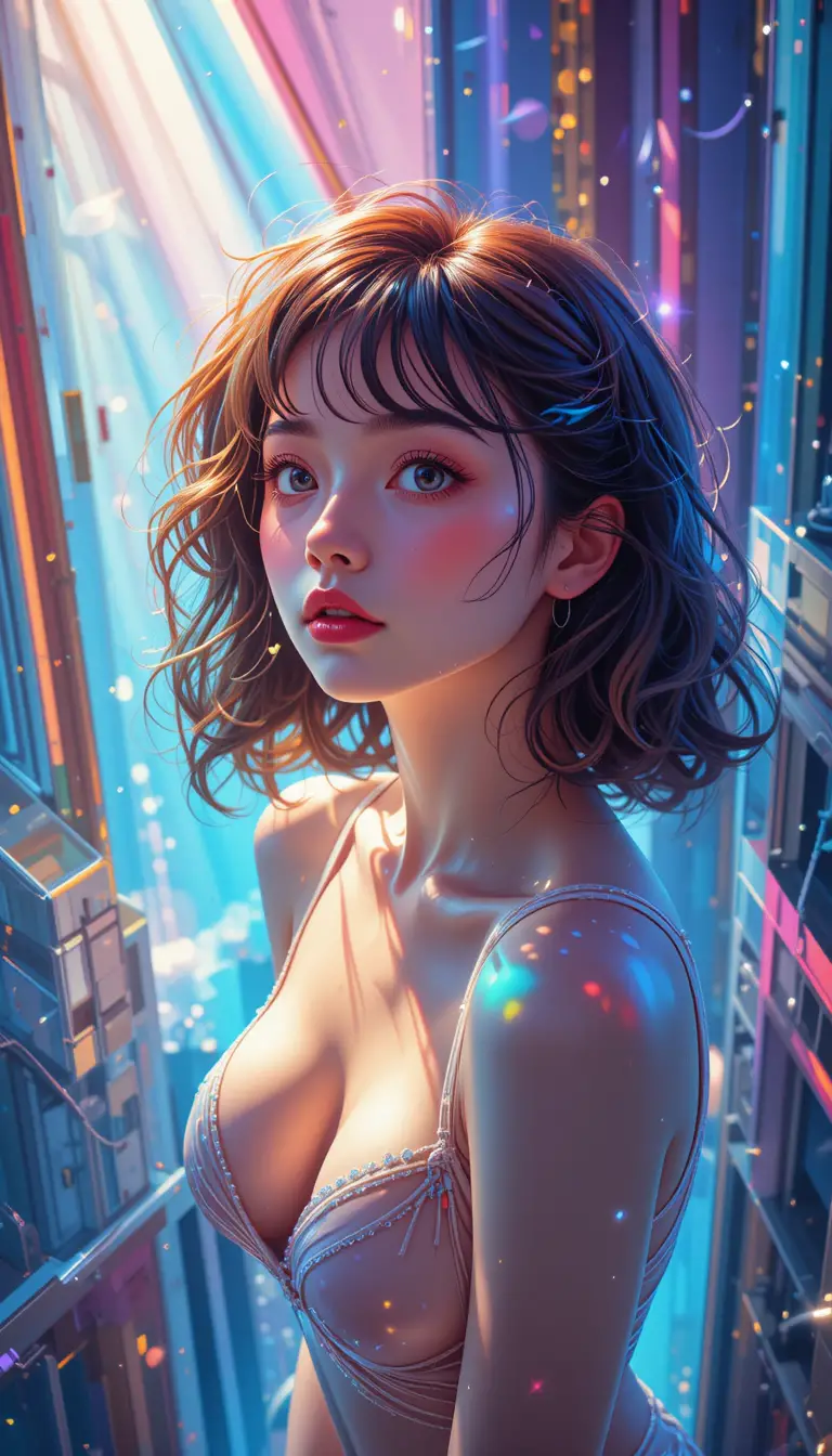 Colorful pop art girl portrait with high angle view