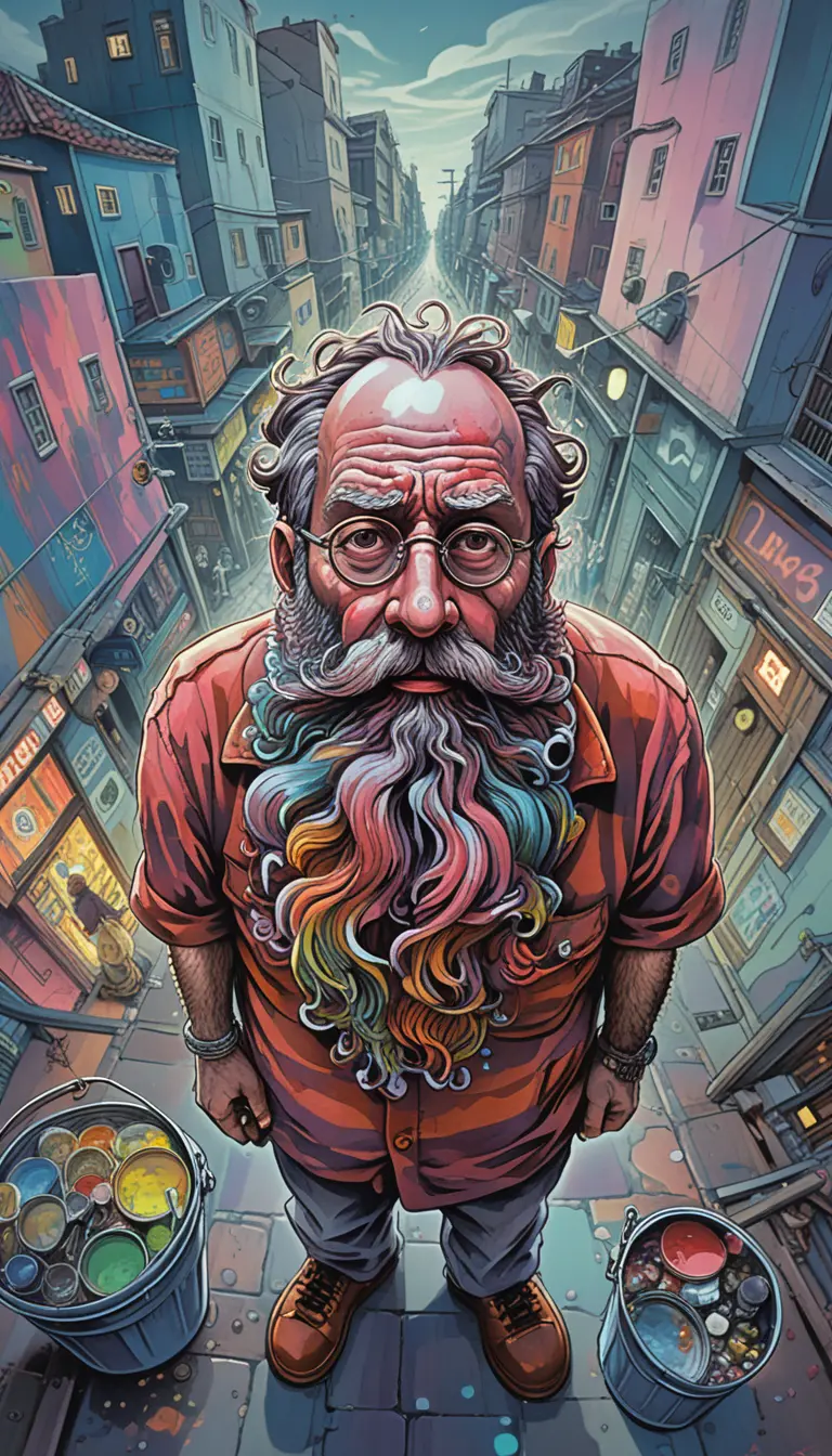 Psychedelic cartoon man with paint bucket on night street