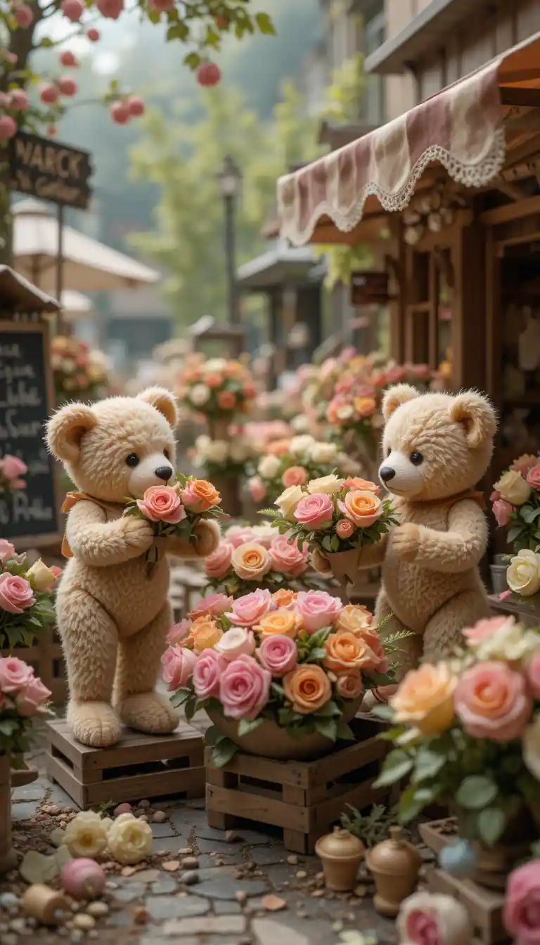 Tiny teddy bears arranging roses in a vintage flower market