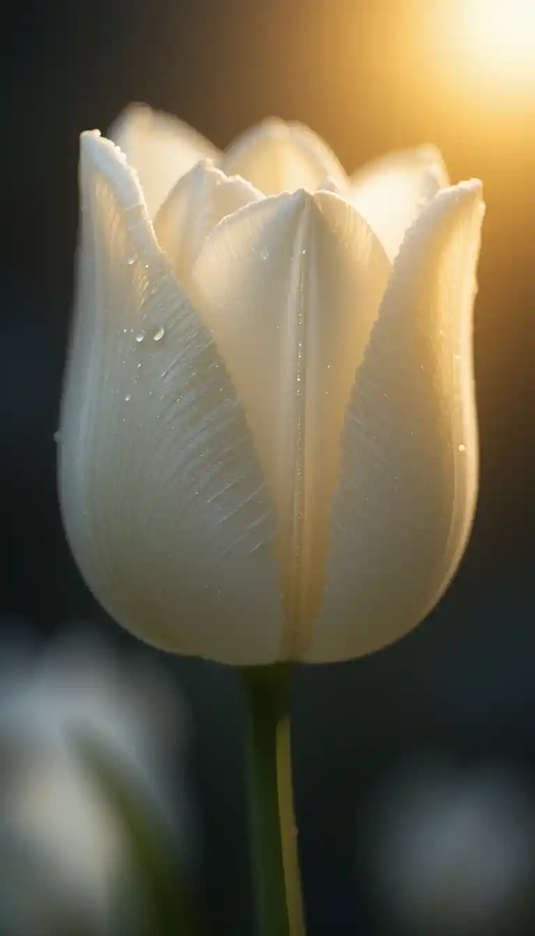 Tulipano bianco in macro con luce dorata e prisma di rugiada