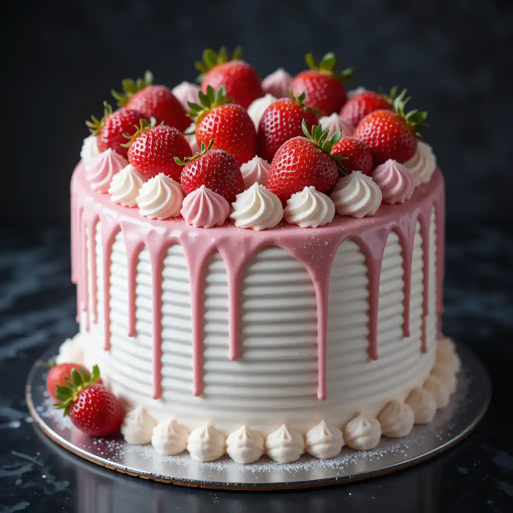 Romantic strawberry cake with whipped cream and meringue